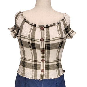 Vintage Rue21 Off Shoulder Smocked Top XL Olive Cream Boho Cottagecore Ruffle